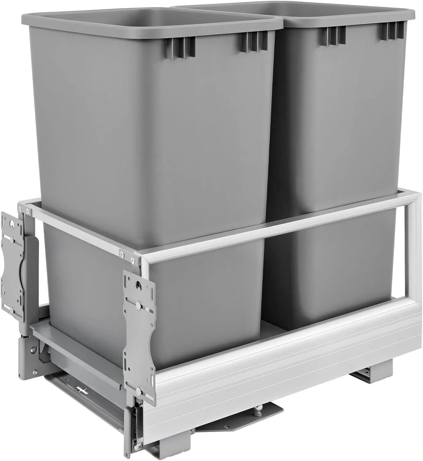 Rev-A-Shelf Double 50 Quart Pull Out Trash Can for Base Kitchen Cabinets, Storage Garage Bin on Wire Basket with Soft Close, Silver, 5149-2150DM-217