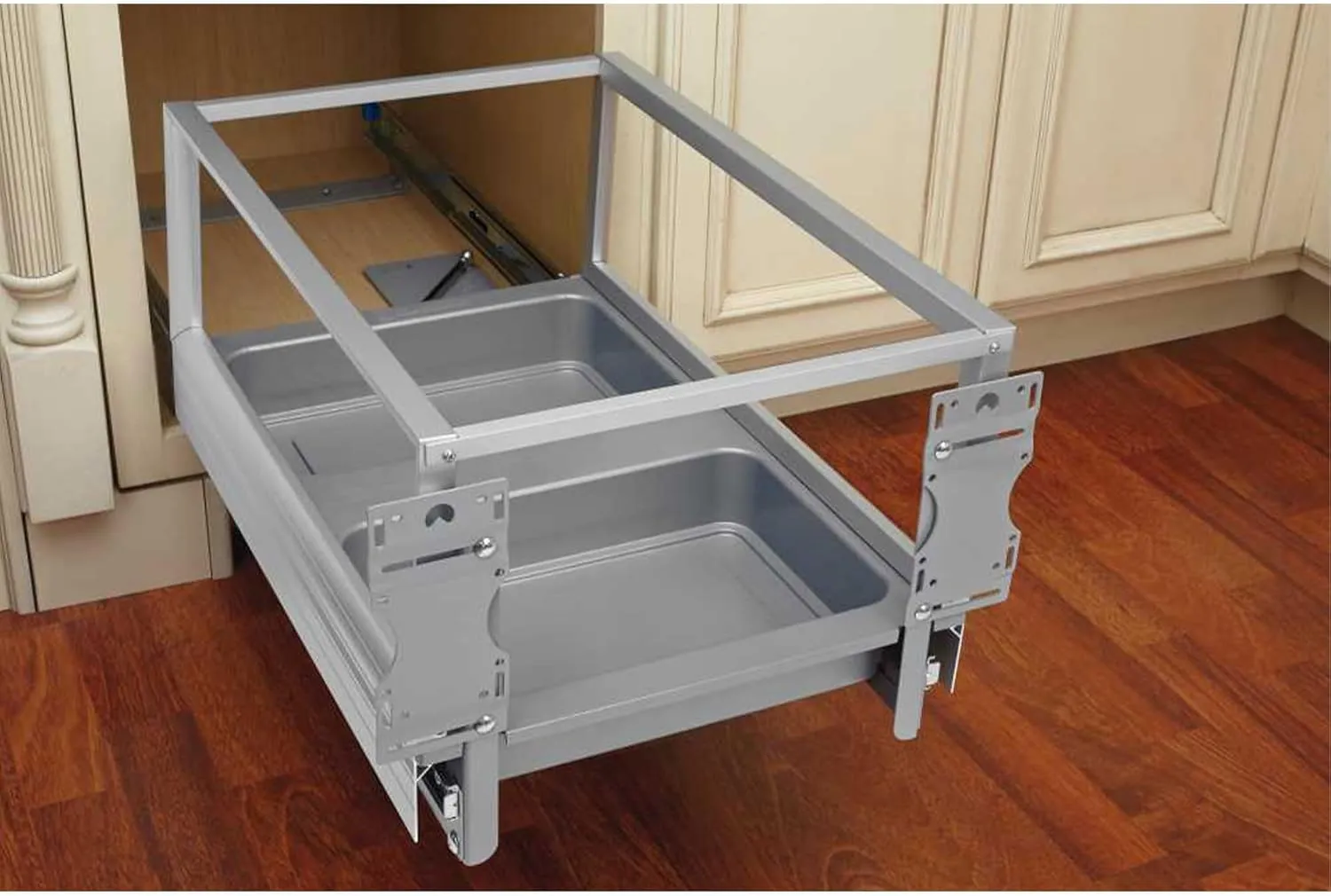 Rev-A-Shelf Double 50 Quart Pull Out Trash Can for Base Kitchen Cabinets, Storage Garage Bin on Wire Basket with Soft Close, Silver, 5149-2150DM-217
