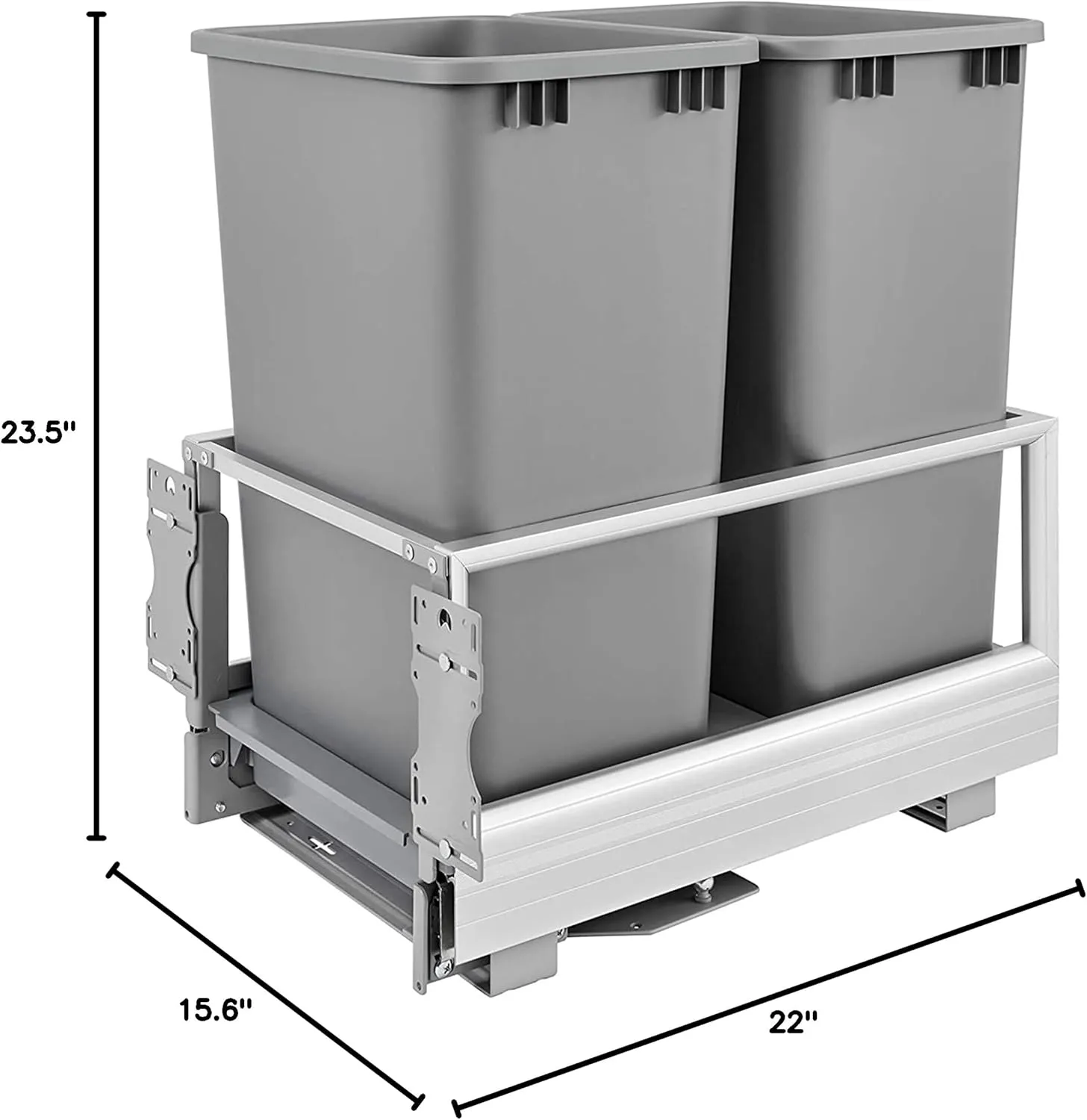 Rev-A-Shelf Double 50 Quart Pull Out Trash Can for Base Kitchen Cabinets, Storage Garage Bin on Wire Basket with Soft Close, Silver, 5149-2150DM-217