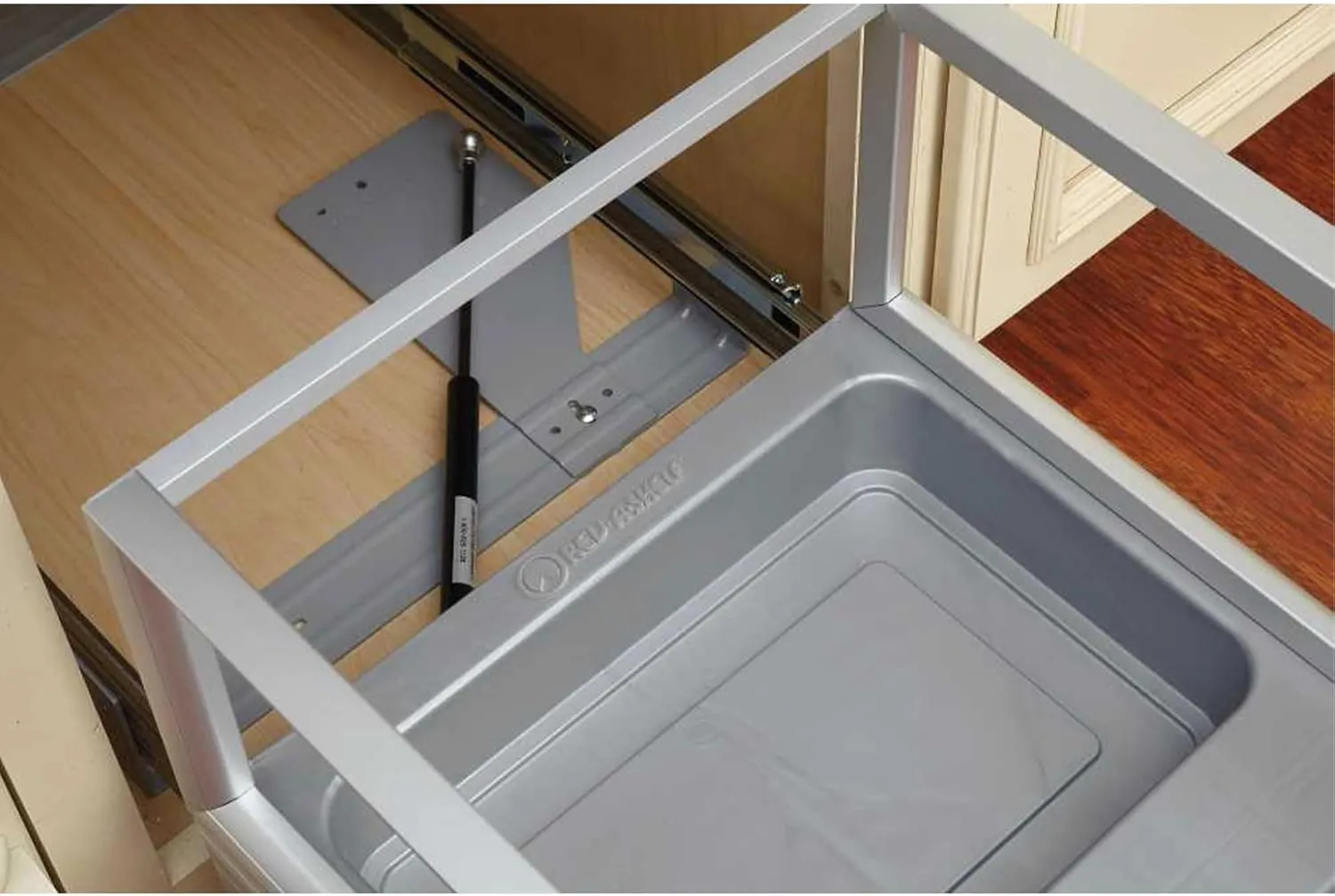 Rev-A-Shelf Double 50 Quart Pull Out Trash Can for Base Kitchen Cabinets, Storage Garage Bin on Wire Basket with Soft Close, Silver, 5149-2150DM-217