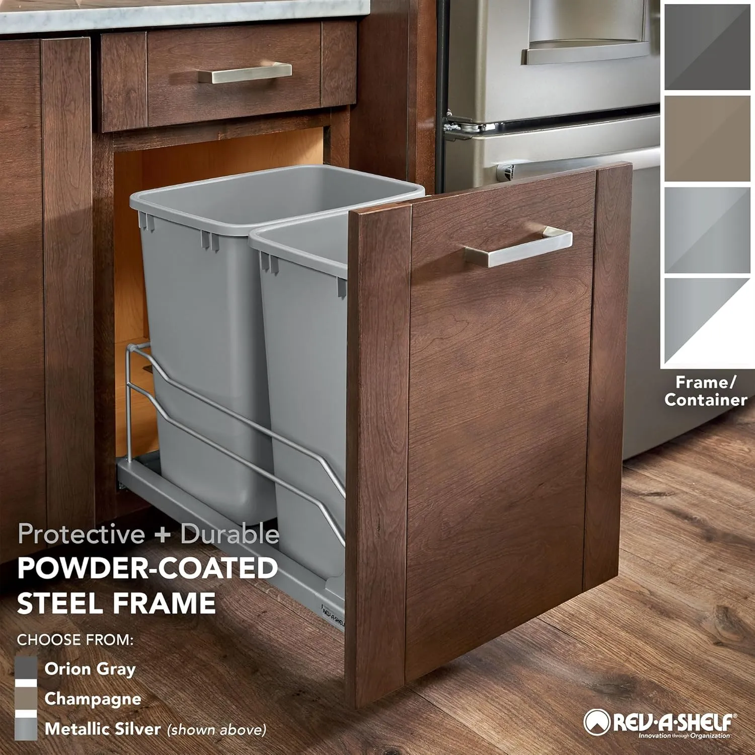 Rev-A-Shelf Double Pullout Trash Cans for Full Height Kitchen Cabinets 50 Quart 12.5 Gallon with Soft-Close Slides, Metallic Silver, 53WC-2150SCDM-217