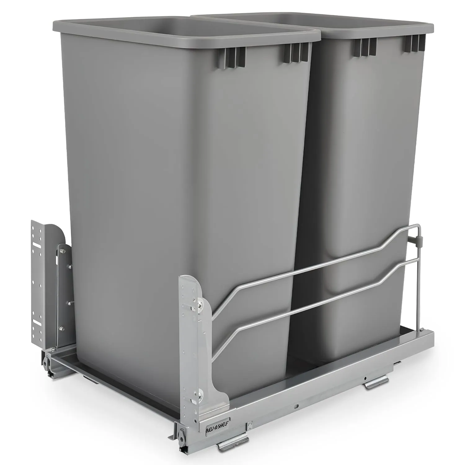 Rev-A-Shelf Double Pullout Trash Cans for Full Height Kitchen Cabinets 50 Quart 12.5 Gallon with Soft-Close Slides, Metallic Silver, 53WC-2150SCDM-217