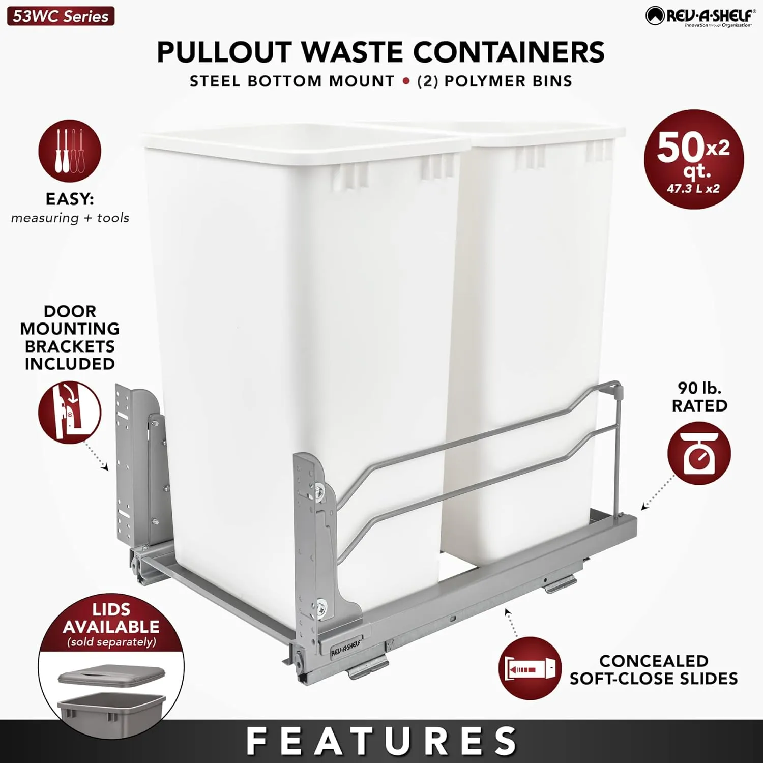 Rev-A-Shelf Double Pullout Trash Cans for Full Height Kitchen Cabinets 50 Quart 12.5 Gallon with Soft-Close Slides, Metallic Silver, 53WC-2150SCDM-217