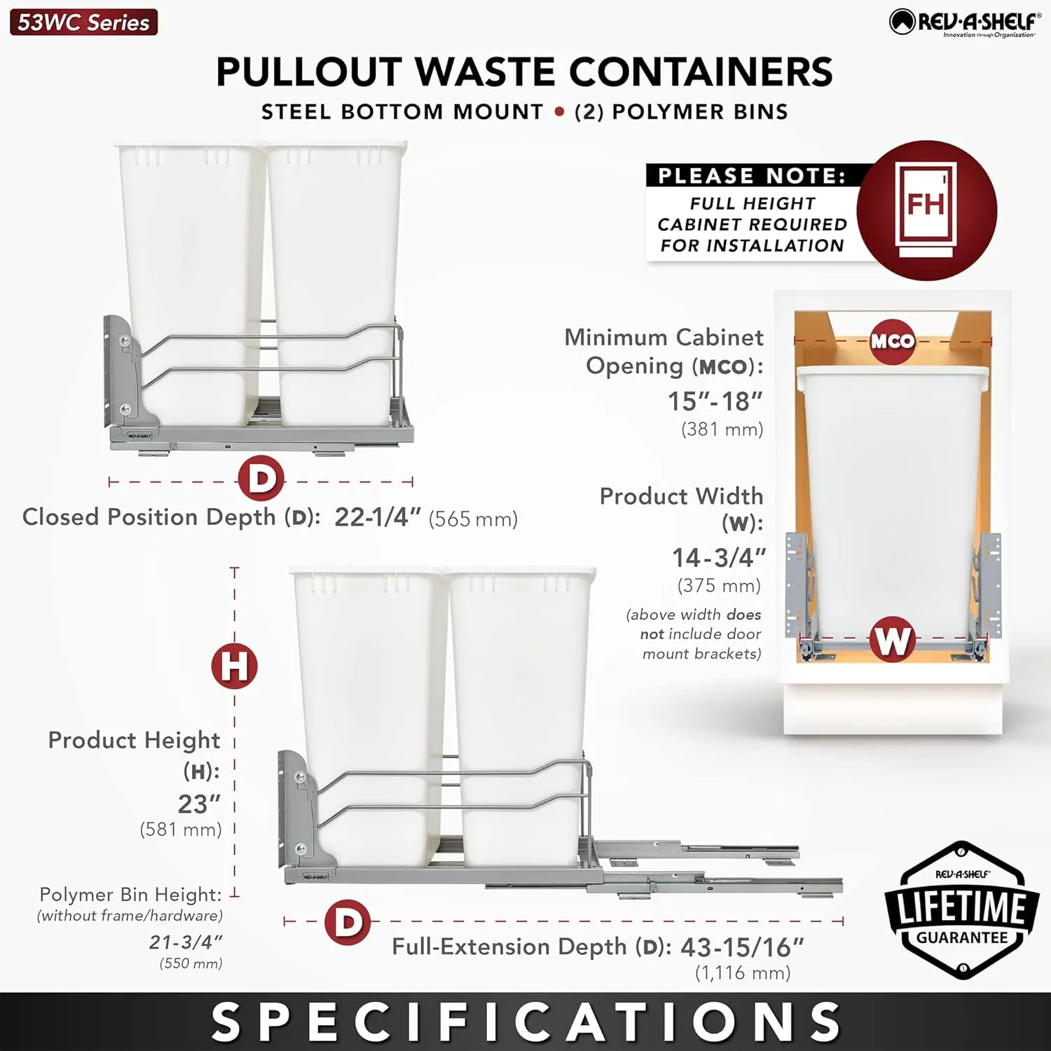 Rev-A-Shelf Double Pullout Trash Cans for Full Height Kitchen Cabinets 50 Quart 12.5 Gallon with Soft-Close Slides, Metallic Silver, 53WC-2150SCDM-217