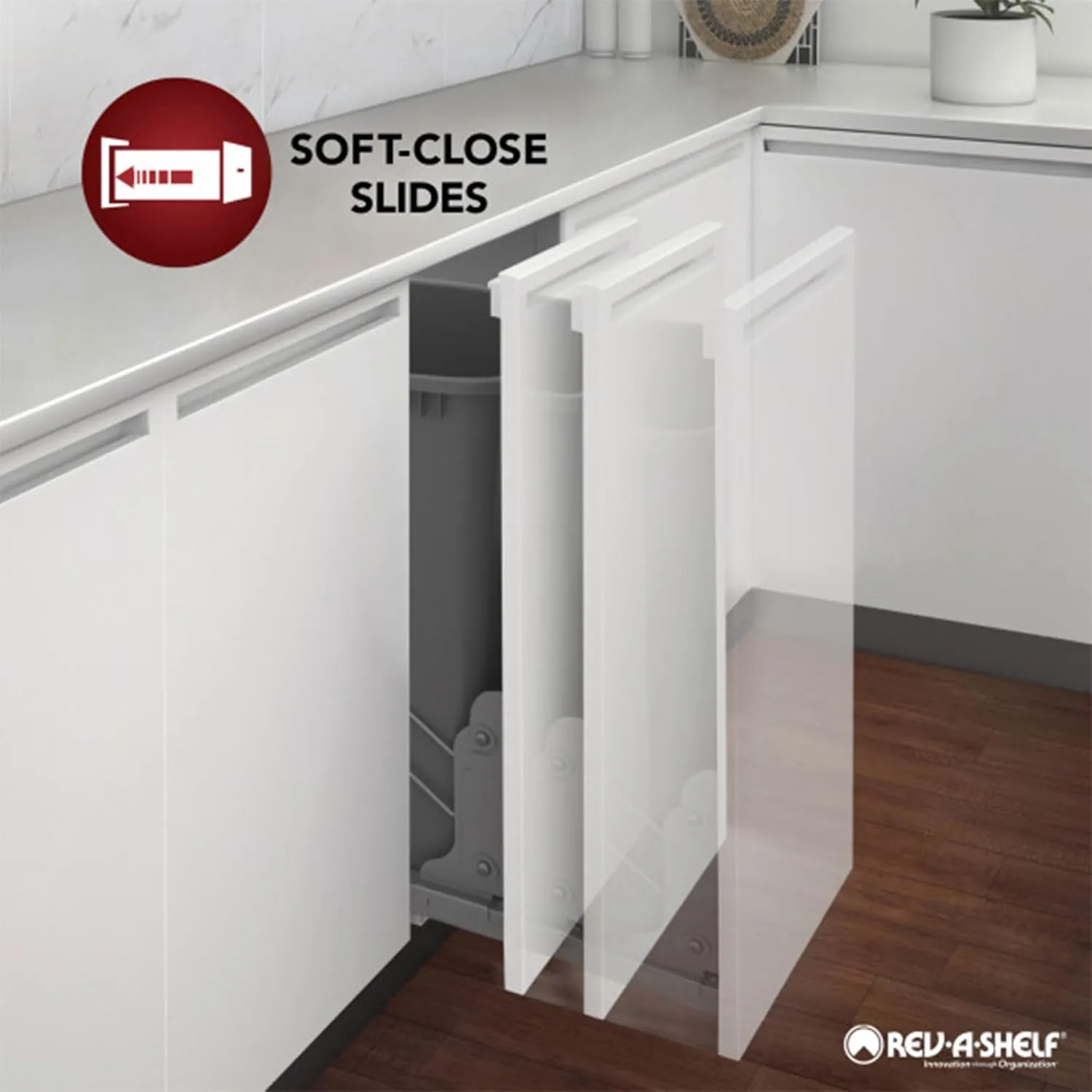Rev-A-Shelf Double Pullout Waste Container Storage for Kitchen Base Cabinets, 35 Qt Trash Cans with Soft-Close Slides, Silver & White, 5349-15DM18-2