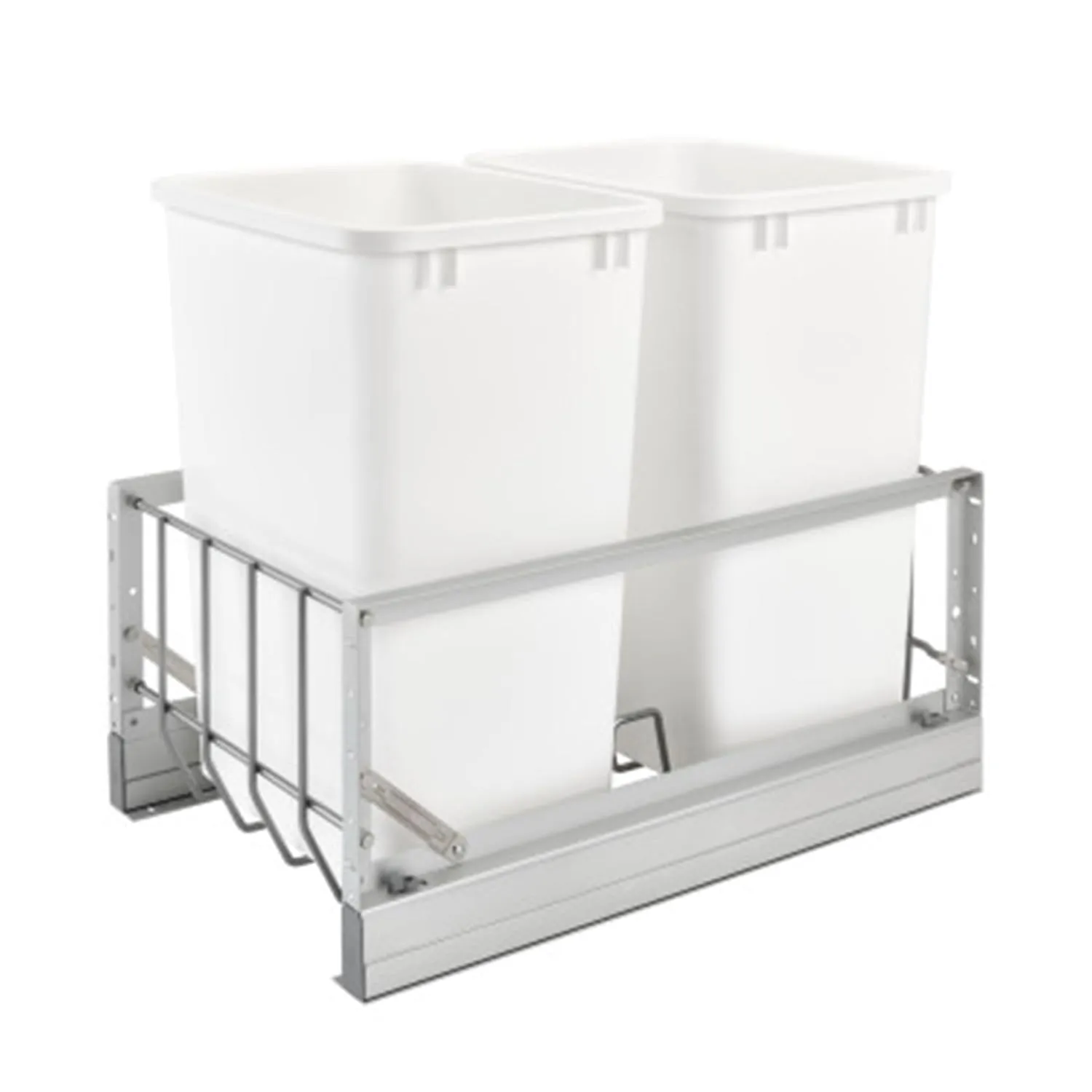 Rev-A-Shelf Double Pullout Waste Container Storage for Kitchen Base Cabinets, 35 Qt Trash Cans with Soft-Close Slides, Silver & White, 5349-15DM18-2