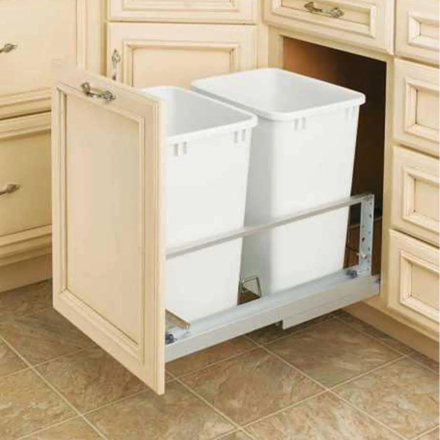 Rev-A-Shelf Double Pullout Waste Container Storage for Kitchen Base Cabinets, 35 Qt Trash Cans with Soft-Close Slides, Silver & White, 5349-15DM18-2