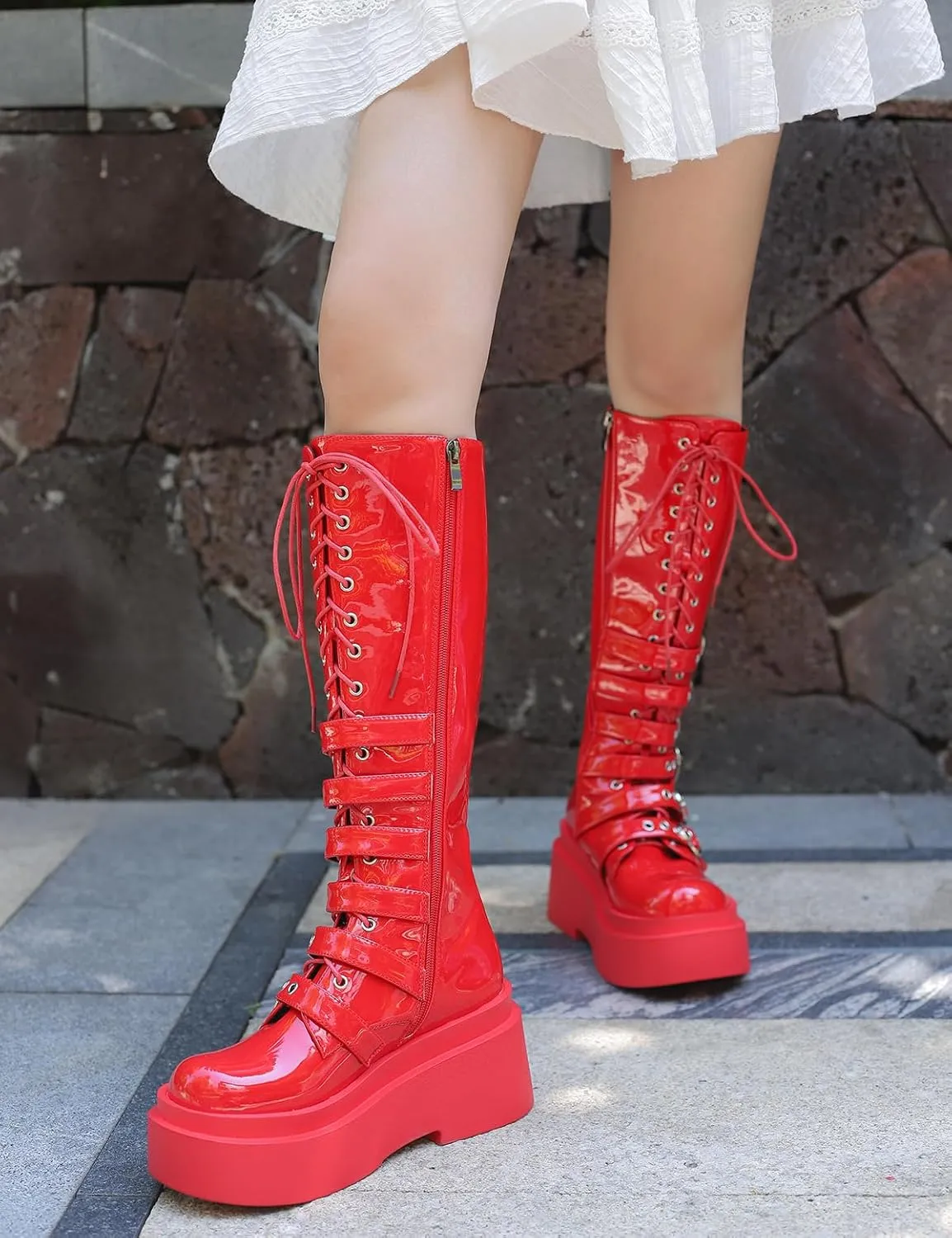Roimaash Stylish Platform Gothic Boots Mid High Latex Punk Boots