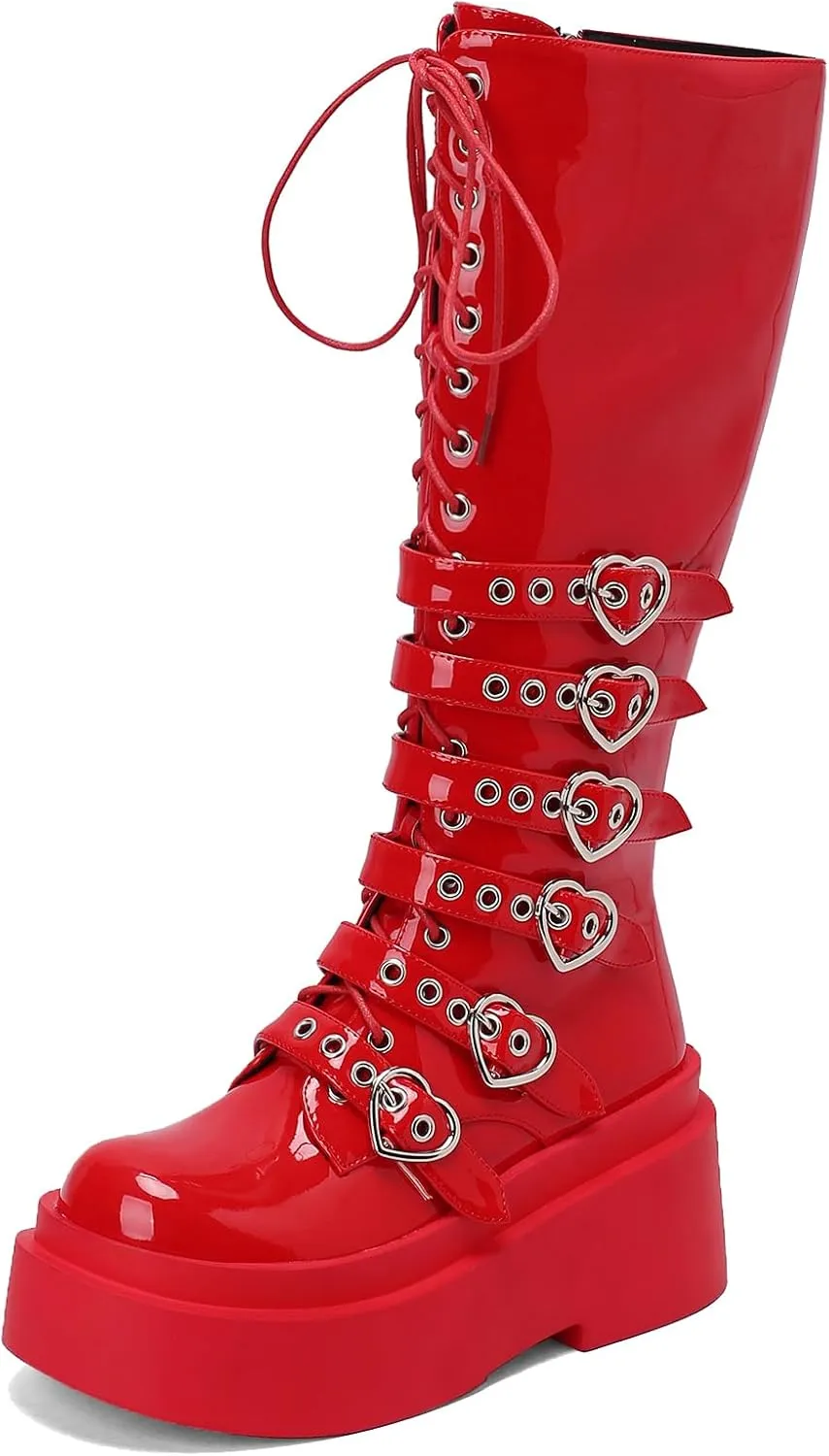 Roimaash Stylish Platform Gothic Boots Mid High Latex Punk Boots