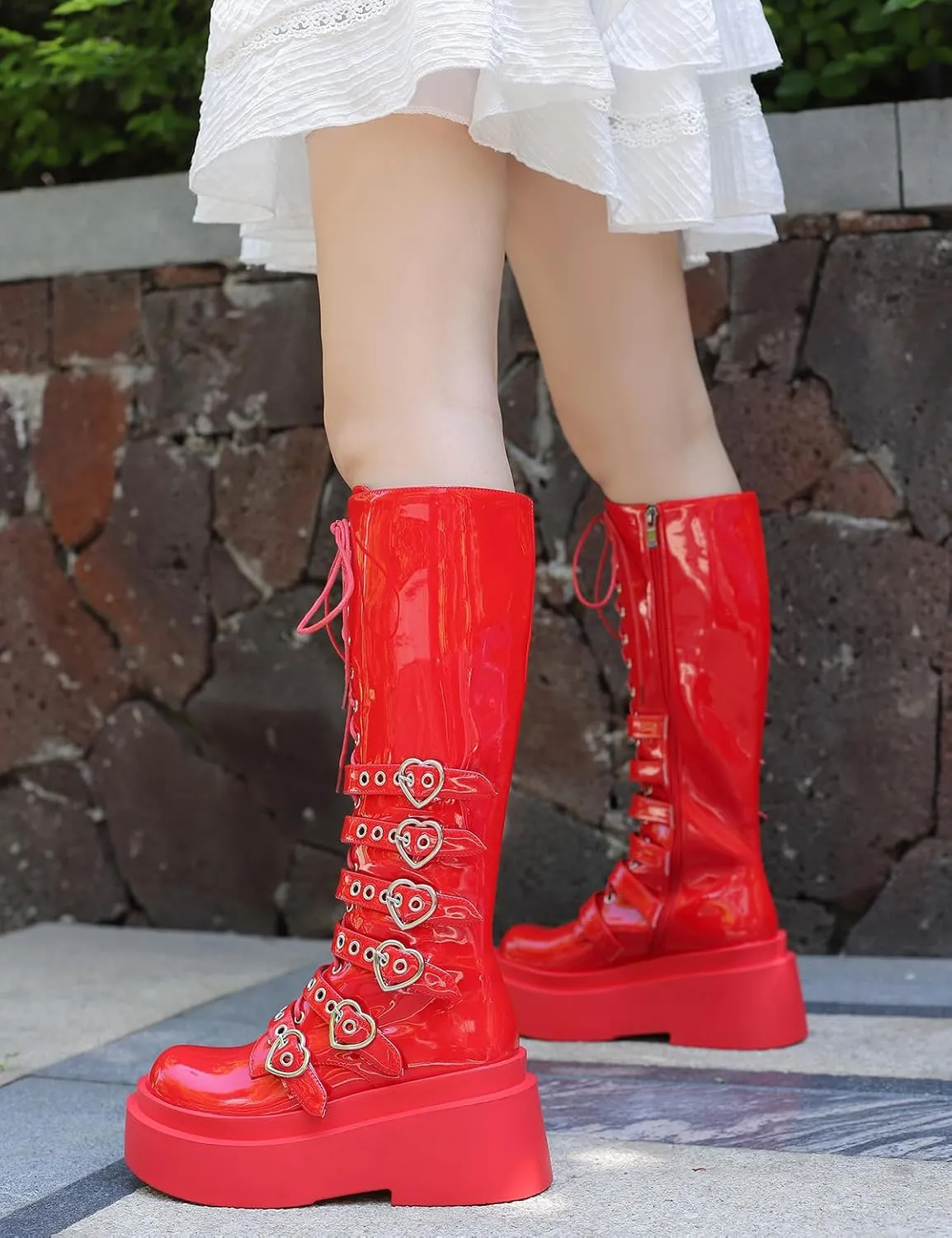 Roimaash Stylish Platform Gothic Boots Mid High Latex Punk Boots
