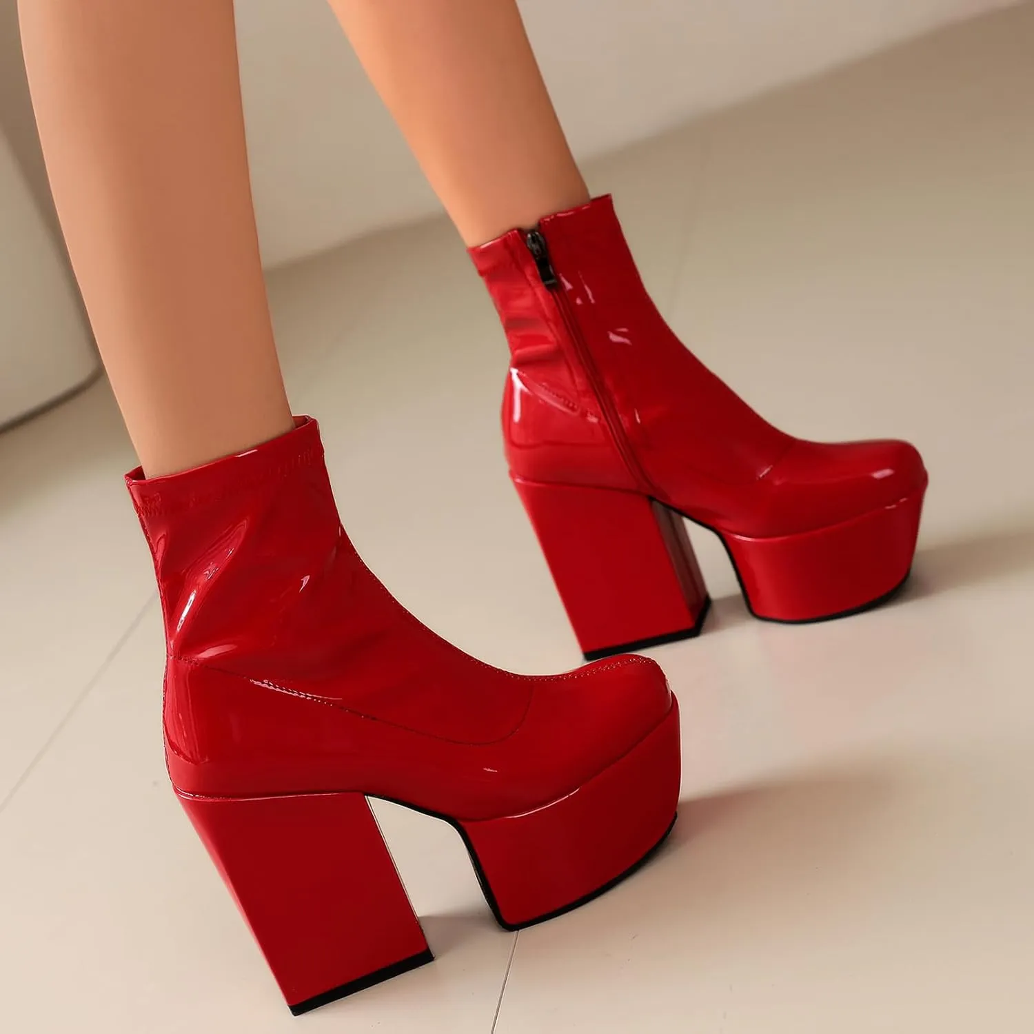 Roimaash Stylish Stretchy Gothic Boots Platform for Women Ankle High Boots