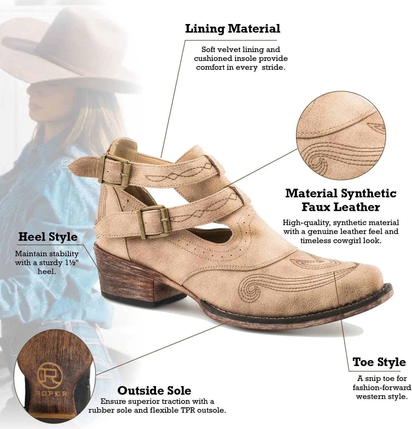 ROPER Womens Willa Embroidery Snip Toe Casual Boots Ankle Low Heel 1-2" - Brown