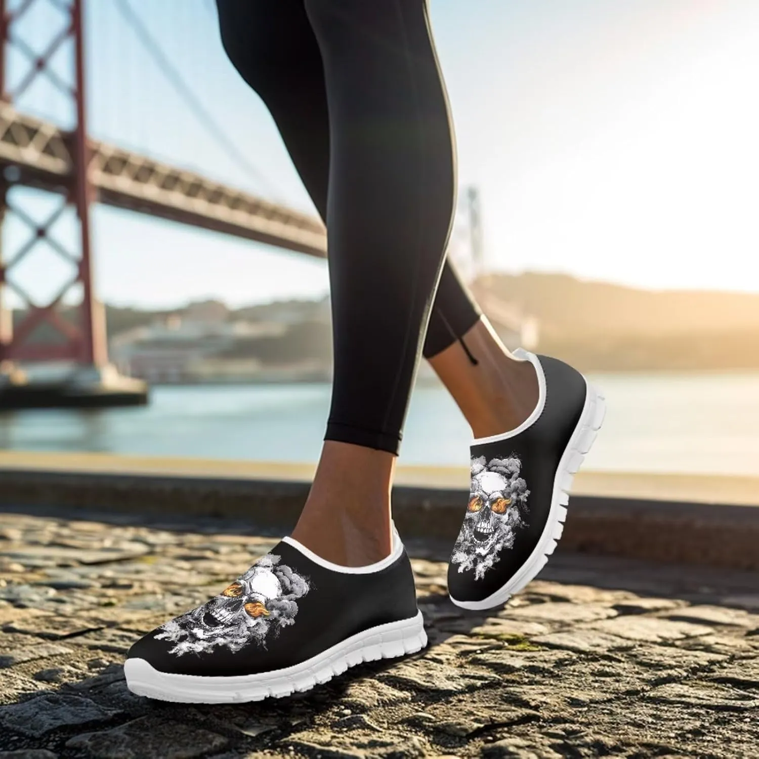 Rose Skull Print Women's Loafers Slip On Slip Shoe Casual Walking Shoes Non Slip Work Shoes Mesh Athletic Sneakers