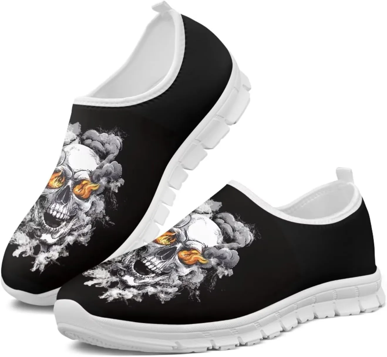 Rose Skull Print Women's Loafers Slip On Slip Shoe Casual Walking Shoes Non Slip Work Shoes Mesh Athletic Sneakers
