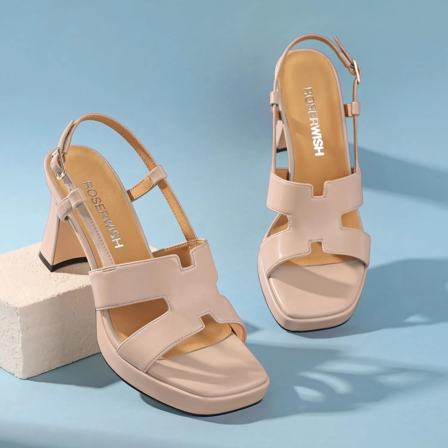 ROSERWISH Womens Platform Heeled Sandals, Open Square Toe Chunky Heels, Strappy Sandals for Women, Leather Insole Dress Shoes for Prom Weeding Bride Party 3.5"