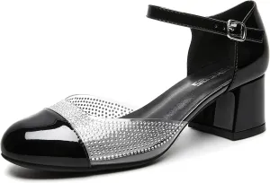 rsxses Closed Toe Low Heels for Women 2 Inch Chunky Heel Pumps Ankle Strap Patent Leather Rhinestone Wedding Dress Shoes