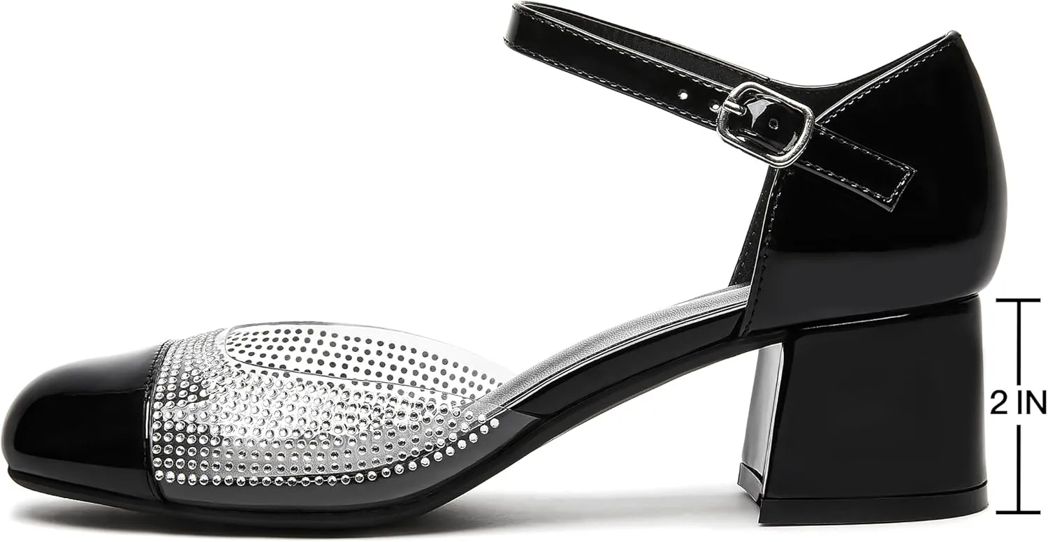 rsxses Closed Toe Low Heels for Women 2 Inch Chunky Heel Pumps Ankle Strap Patent Leather Rhinestone Wedding Dress Shoes