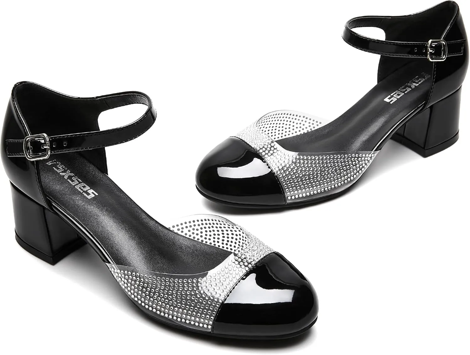 rsxses Closed Toe Low Heels for Women 2 Inch Chunky Heel Pumps Ankle Strap Patent Leather Rhinestone Wedding Dress Shoes
