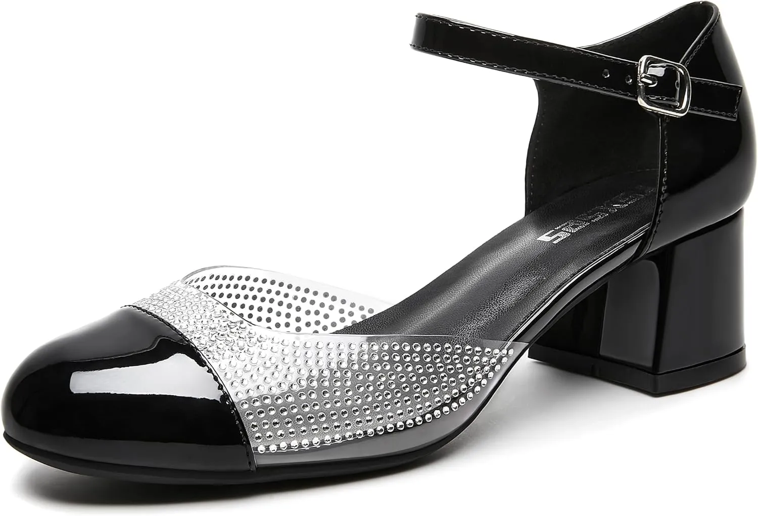 rsxses Closed Toe Low Heels for Women 2 Inch Chunky Heel Pumps Ankle Strap Patent Leather Rhinestone Wedding Dress Shoes