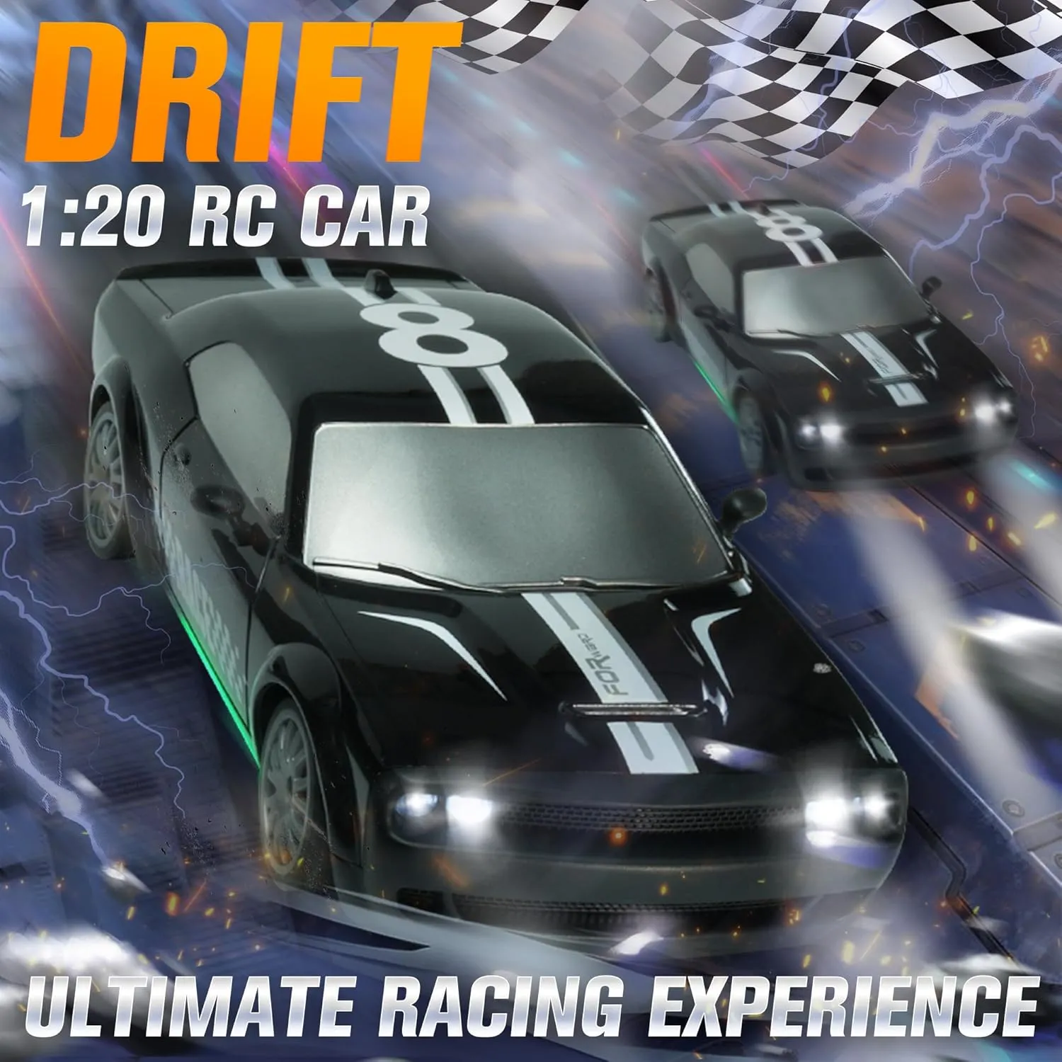 SANCO 1:20 RC Drift Car - 2.4G Drifting Car with Dual Tire System & LED Lights, 20 KM/H, 50-Minute Playtime, Racing Toy Remote Control for Adults Boys Girls 2pcs Rechargeable Batteries （Black）