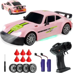 SANCO 1:20 RC Drift Car - 2.4G Drifting Car with Dual Tire System & LED Lights, 20 KM/H, 50-Minute Playtime, Racing Toy Remote Control for Adults Boys Girls 2pcs Rechargeable Batteries （Pink）