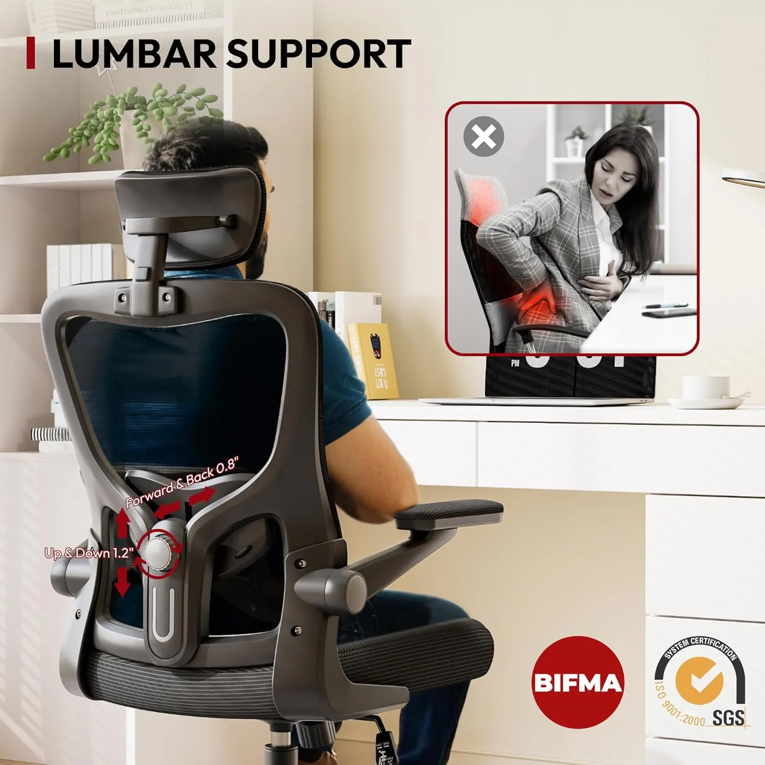 SANODESK Ergonomic Office Chair - Desk Chair with Breathable Mesh 2D Headrest 2D Lumbar Support and 3D Flip up Armrest Rolling 360° Swivel Computer Chair for Home Office Black