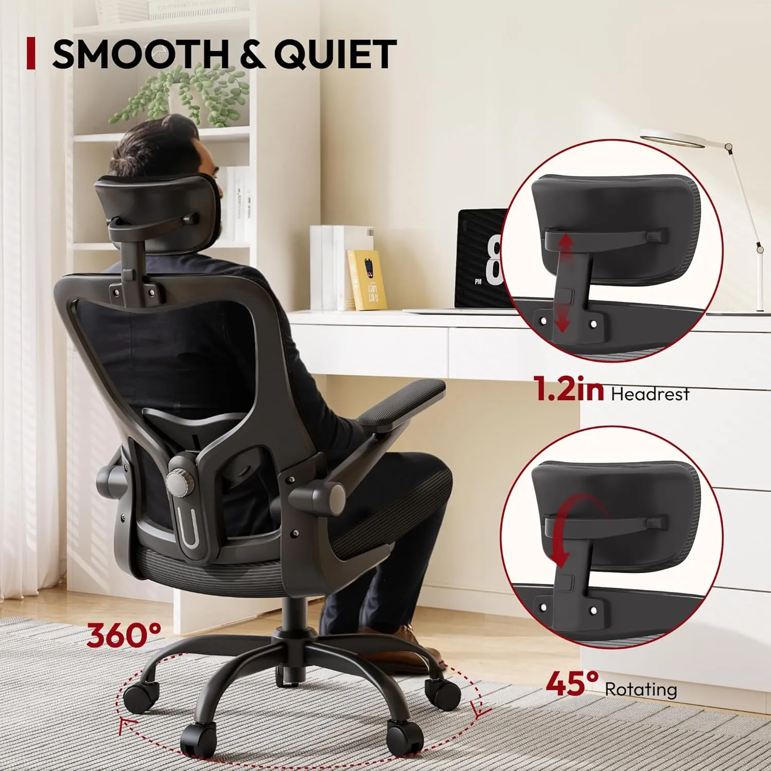 SANODESK Ergonomic Office Chair - Desk Chair with Breathable Mesh 2D Headrest 2D Lumbar Support and 3D Flip up Armrest Rolling 360° Swivel Computer Chair for Home Office Black