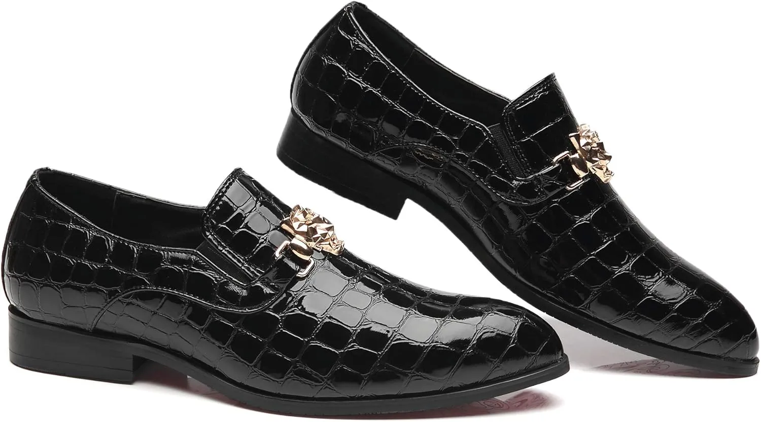 Santimon Loafers Men Italian Alligator Patent Leather Fashion Slip-on Shoes Metal Buckle Pointed Toe Smoking Slipper Moccasins Black Blue Red
