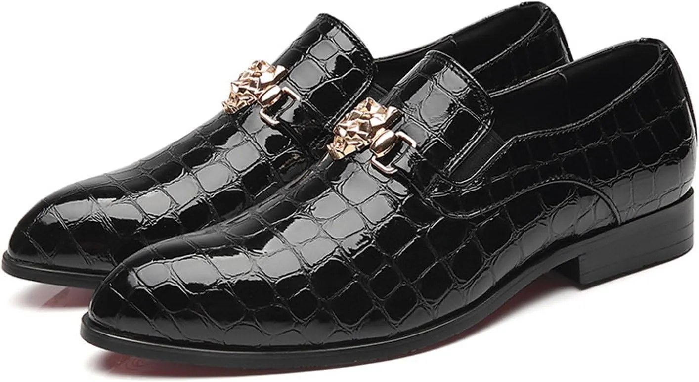 Santimon Loafers Men Italian Alligator Patent Leather Fashion Slip-on Shoes Metal Buckle Pointed Toe Smoking Slipper Moccasins Black Blue Red