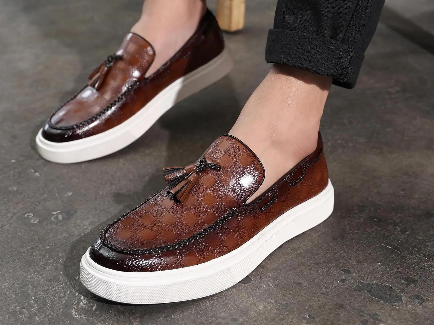 Santimon Men's Tassel Braided Loafers Slip-on Flat Chunky Sole Casual Dress Shoe