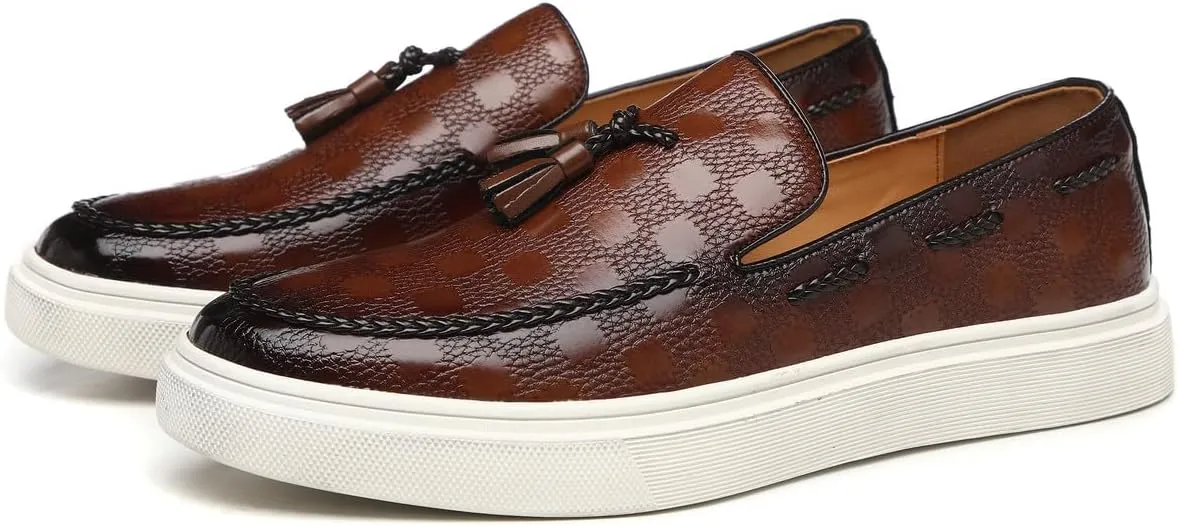 Santimon Men's Tassel Braided Loafers Slip-on Flat Chunky Sole Casual Dress Shoe