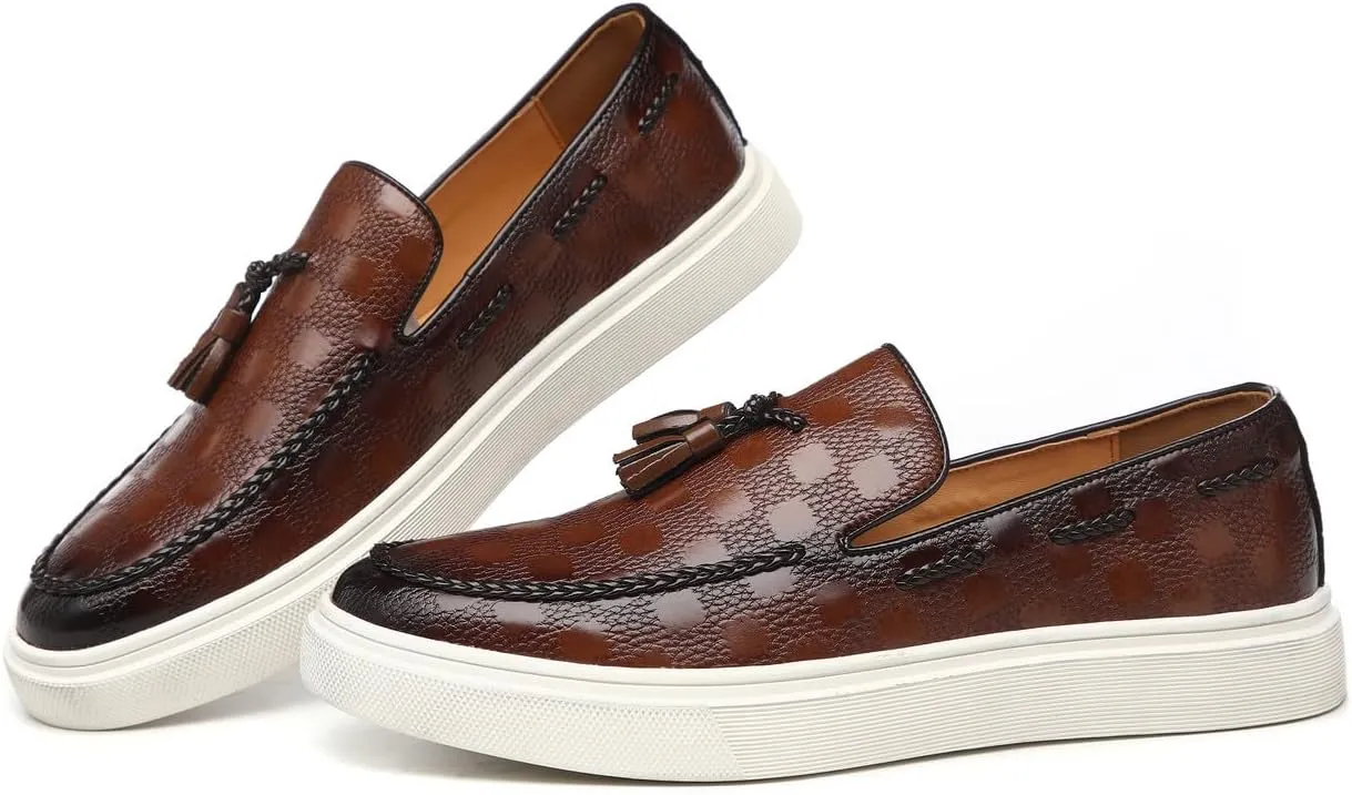Santimon Men's Tassel Braided Loafers Slip-on Flat Chunky Sole Casual Dress Shoe