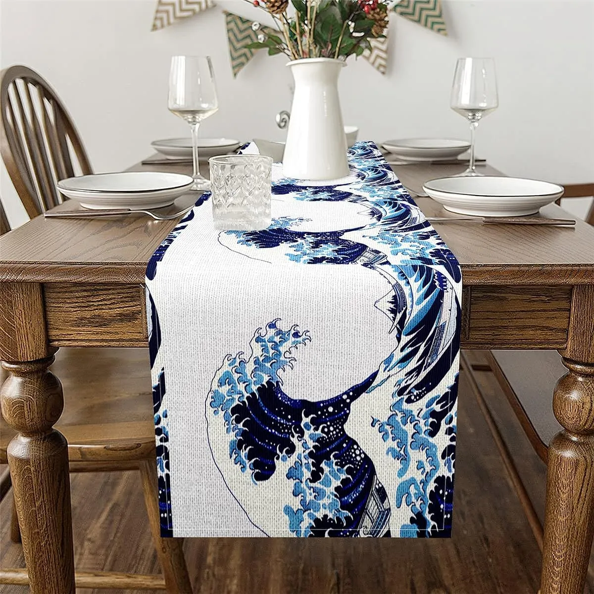 Sea Wave Table Runners,Japanese Style Table Runner,Nautical Navigation Rectangular Runner,Ocean Theme Dresser Runners for Dining Room Kitchen Table Setting Decor,13X108,Blue White