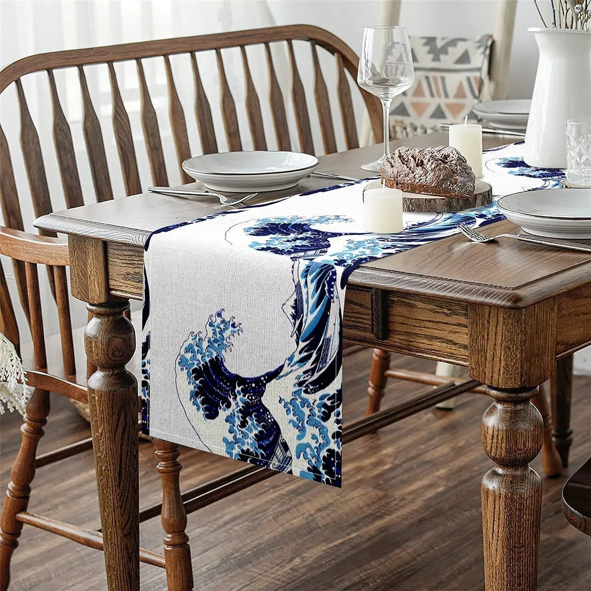 Sea Wave Table Runners,Japanese Style Table Runner,Nautical Navigation Rectangular Runner,Ocean Theme Dresser Runners for Dining Room Kitchen Table Setting Decor,13X108,Blue White