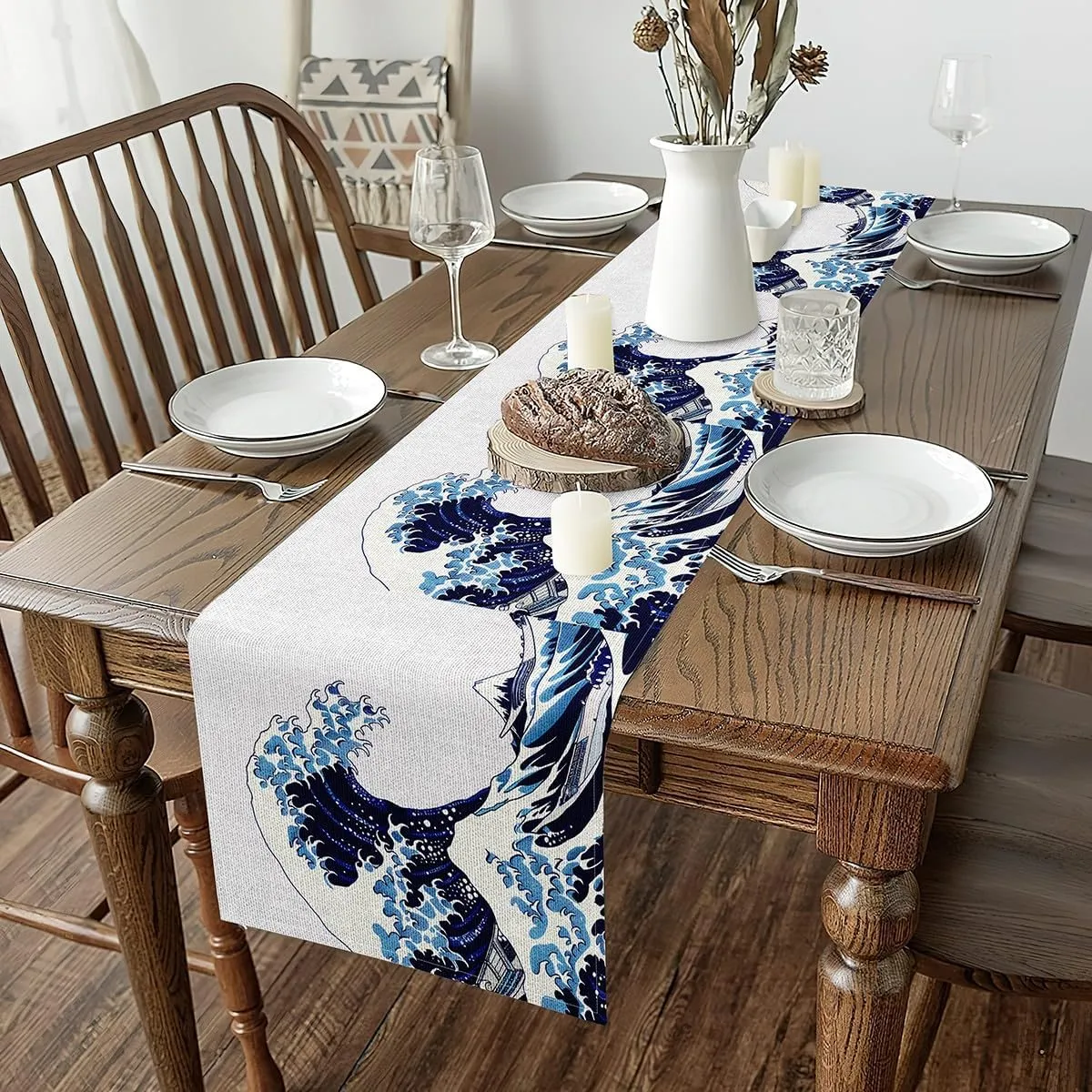 Sea Wave Table Runners,Japanese Style Table Runner,Nautical Navigation Rectangular Runner,Ocean Theme Dresser Runners for Dining Room Kitchen Table Setting Decor,13X108,Blue White