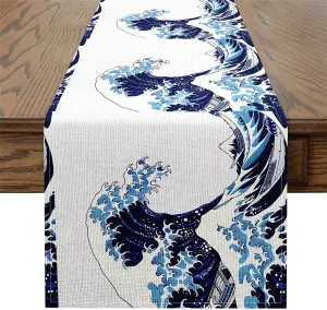 Sea Wave Table Runners,Japanese Style Table Runner,Nautical Navigation Rectangular Runner,Ocean Theme Dresser Runners for Dining Room Kitchen Table Setting Decor,13X108,Blue White