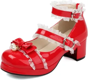 SEIFIN Women's Kawaii Lolita Mid Block Heel Mary Jane Shoes Cute Ankle Strap Mary Jane Shoes Goth Strappy Bow Wedding Lace Mid Chunky Heel Pumps Cute Sweet Shoes