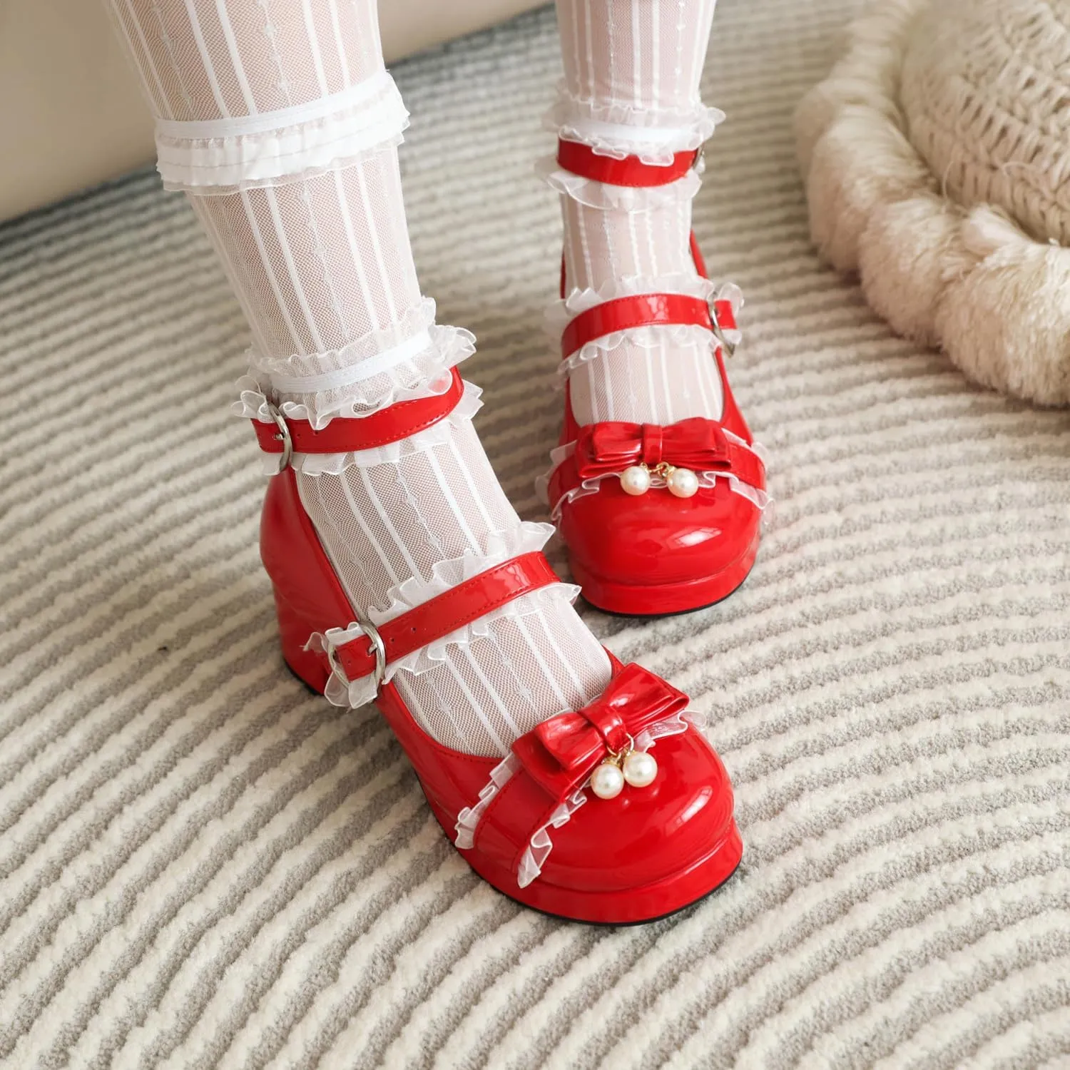 SEIFIN Women's Kawaii Lolita Mid Block Heel Mary Jane Shoes Cute Ankle Strap Mary Jane Shoes Goth Strappy Bow Wedding Lace Mid Chunky Heel Pumps Cute Sweet Shoes