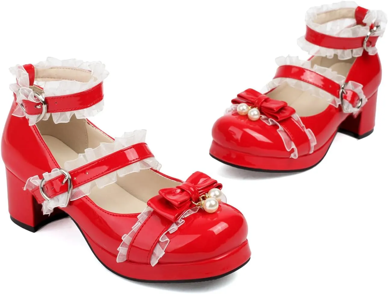 SEIFIN Women's Kawaii Lolita Mid Block Heel Mary Jane Shoes Cute Ankle Strap Mary Jane Shoes Goth Strappy Bow Wedding Lace Mid Chunky Heel Pumps Cute Sweet Shoes