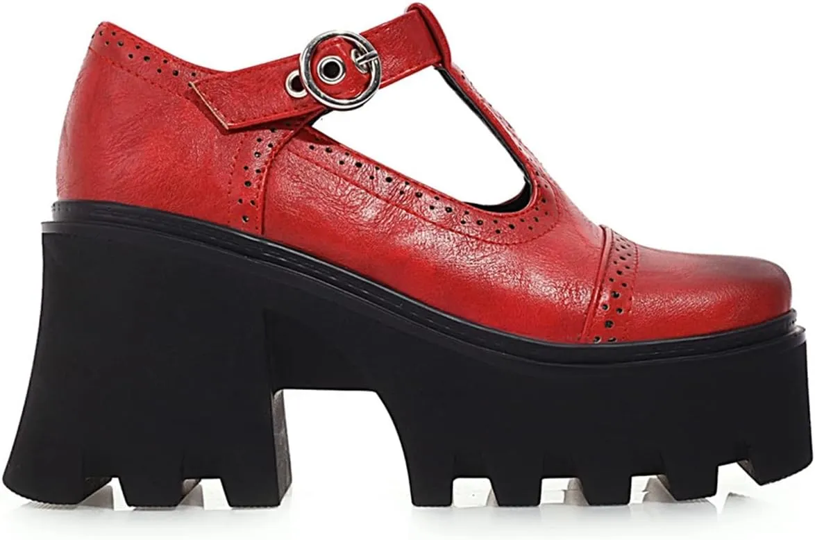 SHEMEE Women Platform Chunky Heel Mary Jane Pumps Vintage Square Toe Buckle Block High Heeled Gothic Shoes