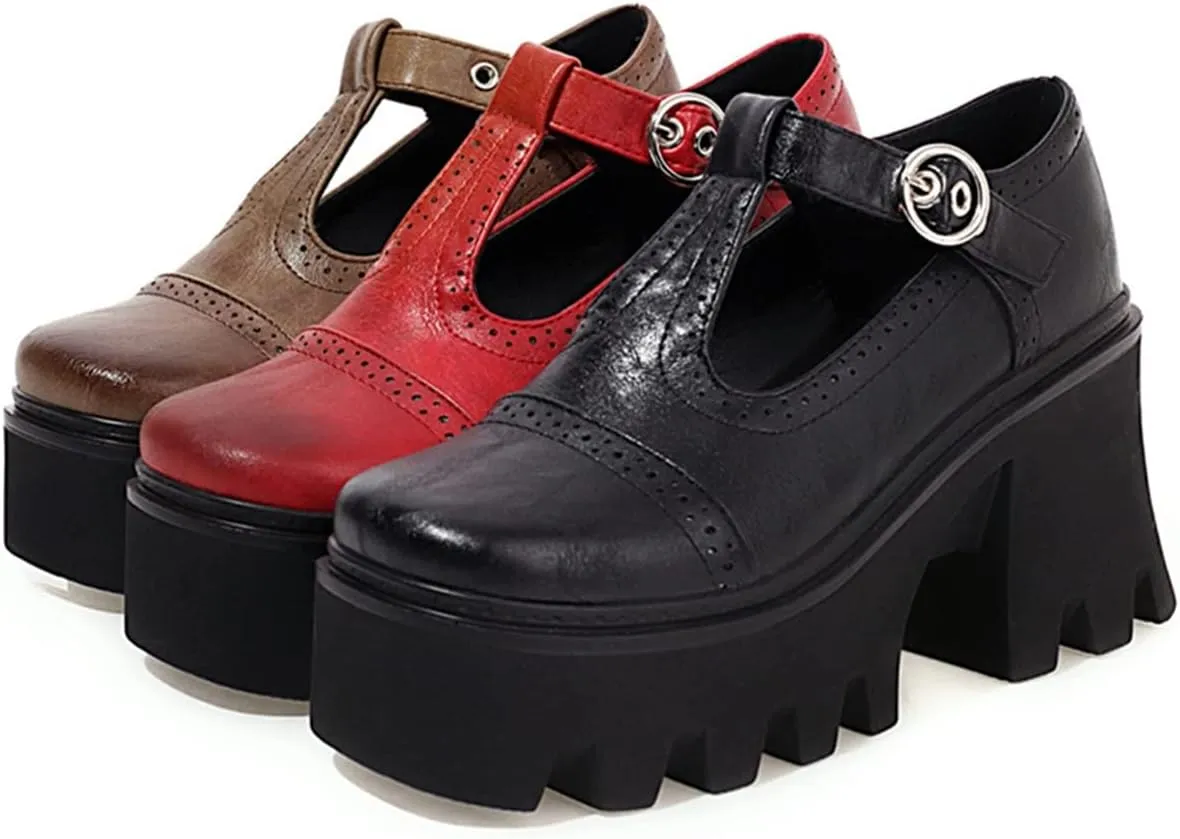 SHEMEE Women Platform Chunky Heel Mary Jane Pumps Vintage Square Toe Buckle Block High Heeled Gothic Shoes