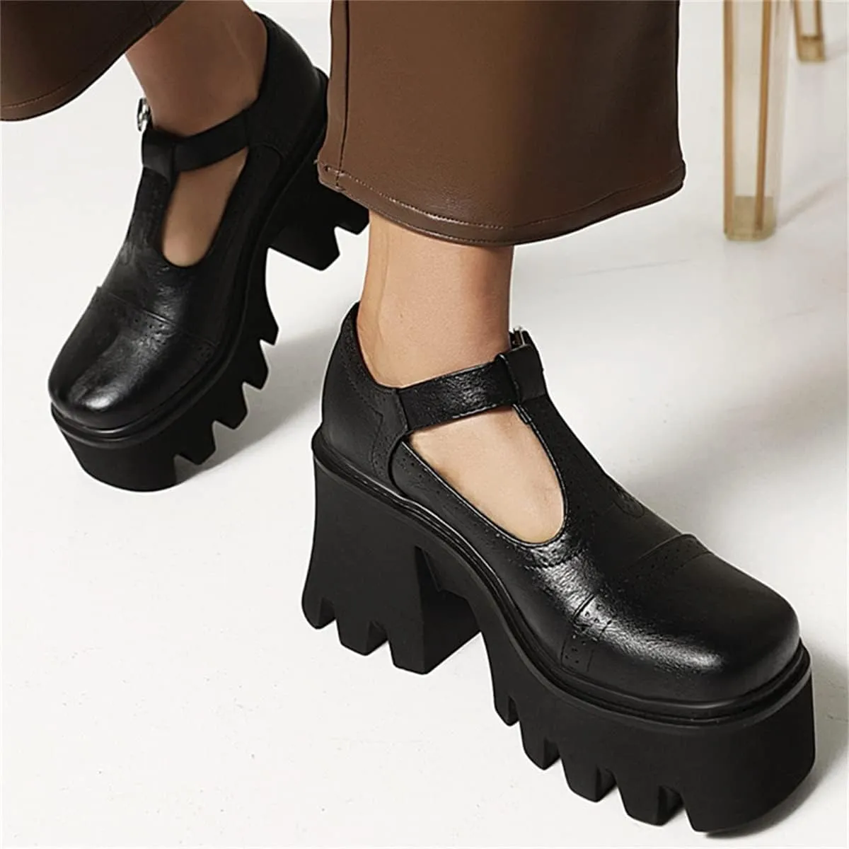 SHEMEE Women Platform Chunky Heel Mary Jane Pumps Vintage Square Toe Buckle Block High Heeled Gothic Shoes
