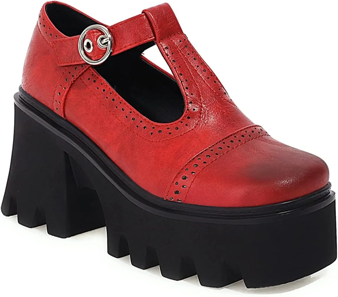 SHEMEE Women Platform Chunky Heel Mary Jane Pumps Vintage Square Toe Buckle Block High Heeled Gothic Shoes