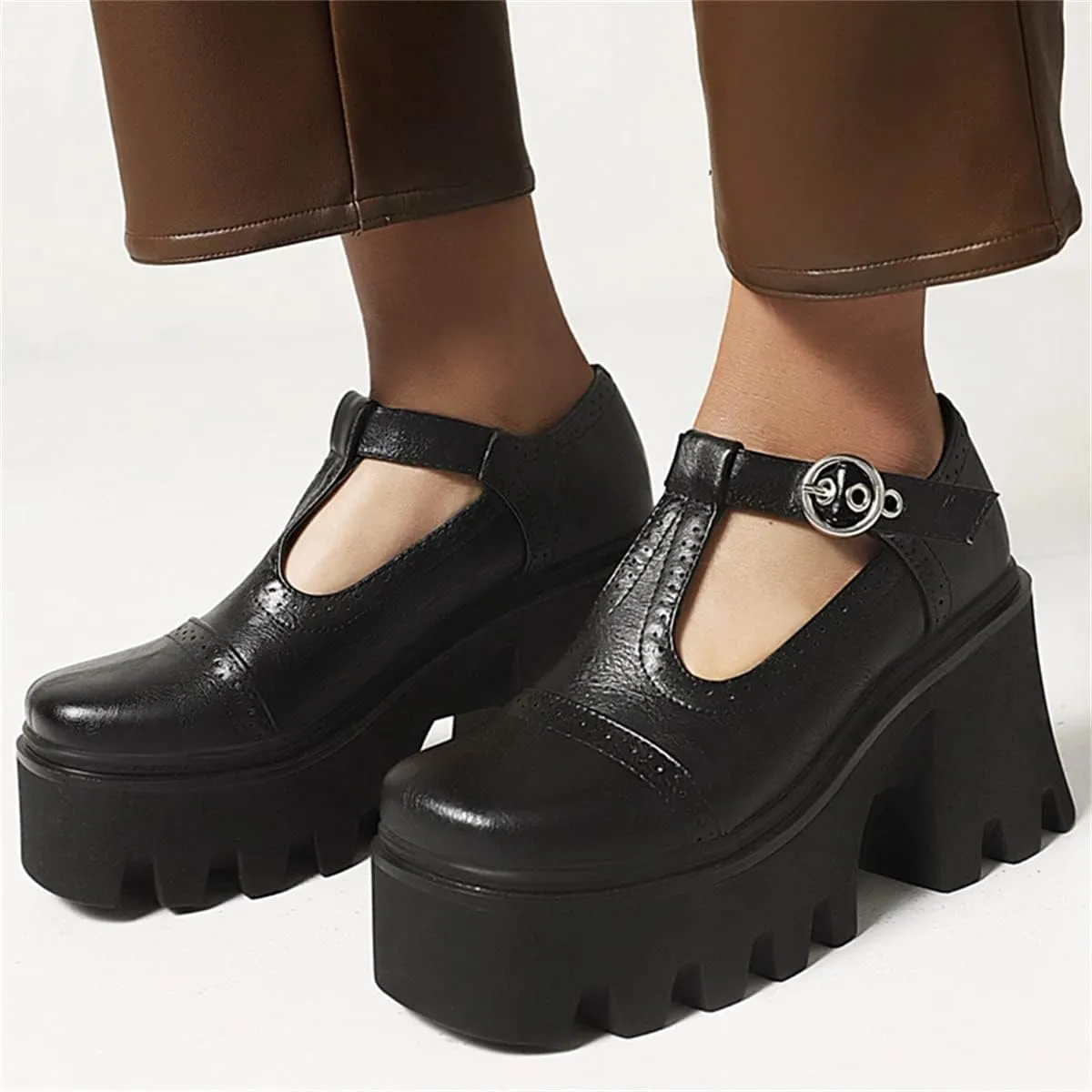 SHEMEE Women Platform Chunky Heel Mary Jane Pumps Vintage Square Toe Buckle Block High Heeled Gothic Shoes
