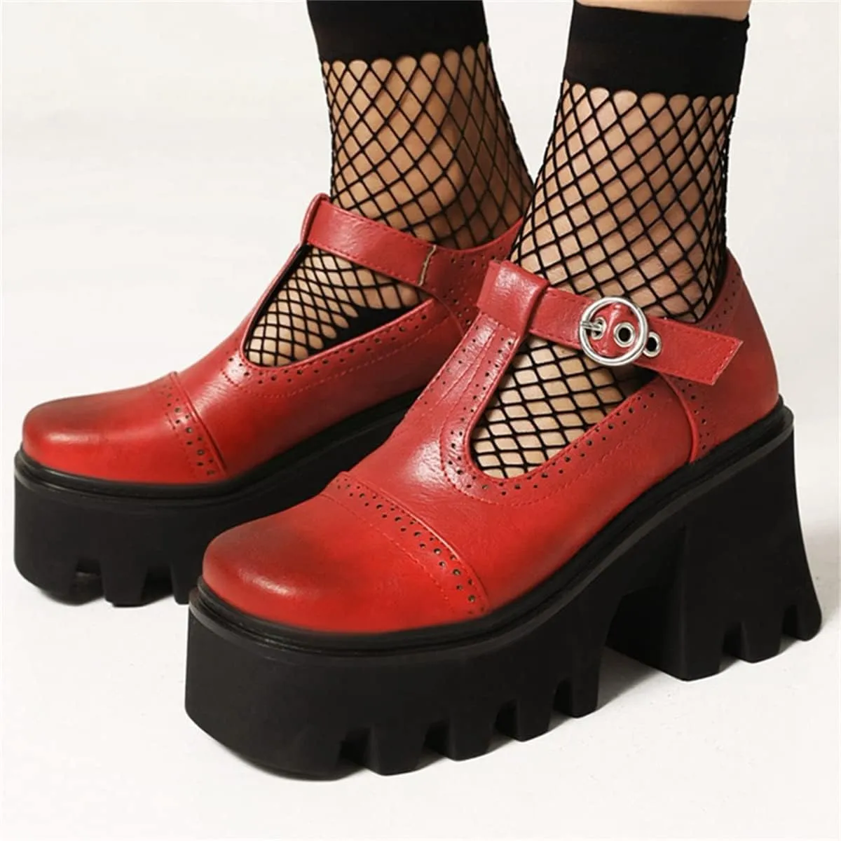 SHEMEE Women Platform Chunky Heel Mary Jane Pumps Vintage Square Toe Buckle Block High Heeled Gothic Shoes