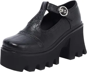 SHEMEE Women Platform Chunky Heel Mary Jane Pumps Vintage Square Toe Buckle Block High Heeled Gothic Shoes