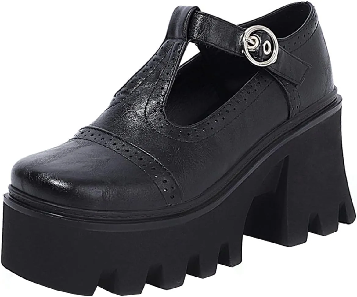 SHEMEE Women Platform Chunky Heel Mary Jane Pumps Vintage Square Toe Buckle Block High Heeled Gothic Shoes
