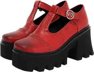 SHEMEE Women Platform Chunky Heel Mary Jane Pumps Vintage Square Toe Buckle Block High Heeled Gothic Shoes