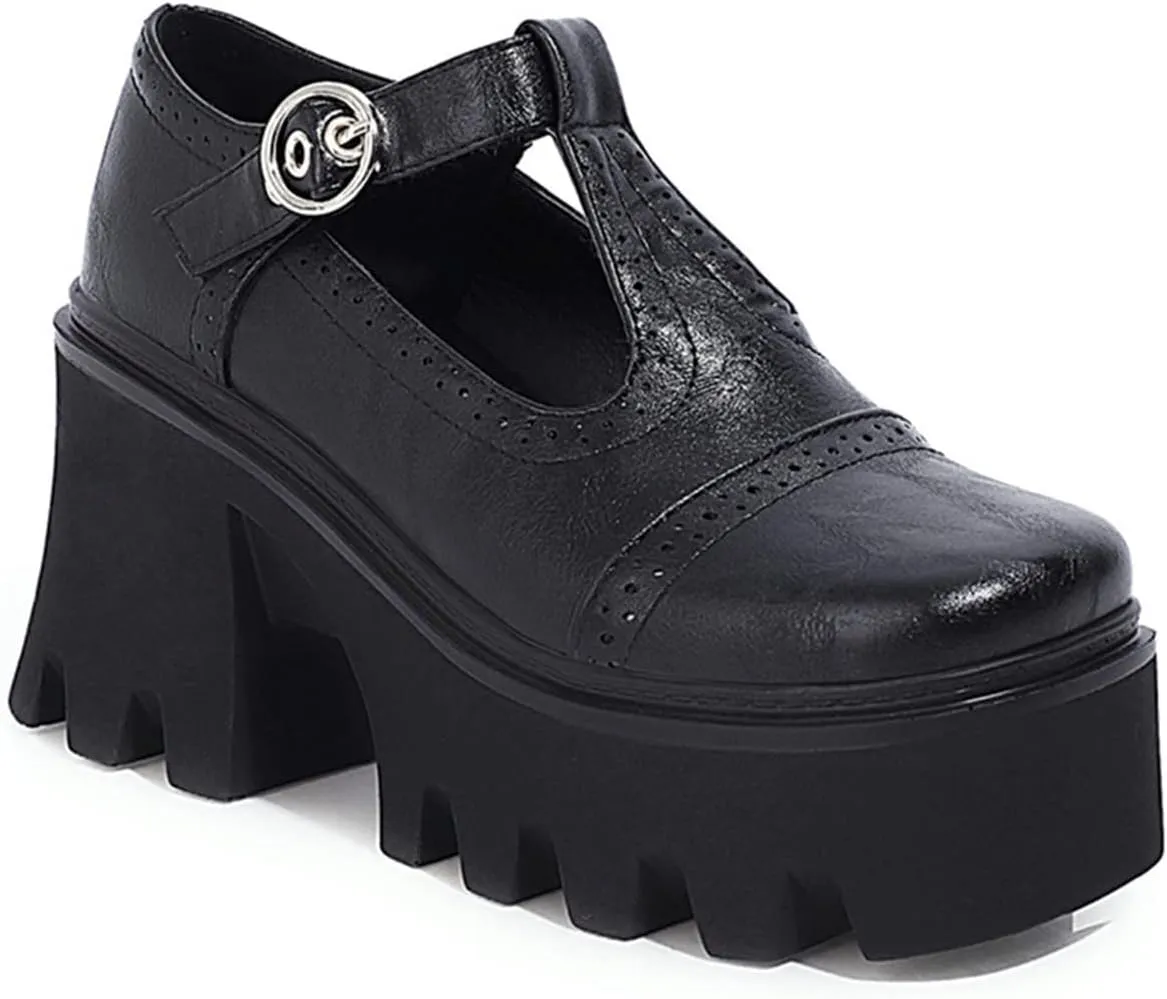 SHEMEE Women Platform Chunky Heel Mary Jane Pumps Vintage Square Toe Buckle Block High Heeled Gothic Shoes