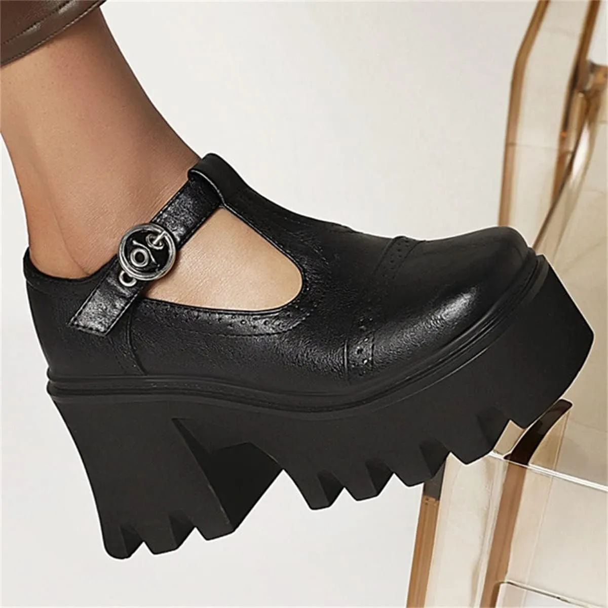 SHEMEE Women Platform Chunky Heel Mary Jane Pumps Vintage Square Toe Buckle Block High Heeled Gothic Shoes